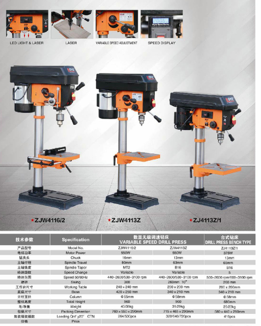 VARIABLE SPEED DRILL PRESS ZJW4116/2 -ZJW4113Z-ZJ4113Z/1