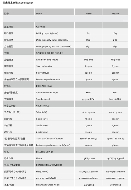 DRILLING & MILLING MACHINE MB4P/MB4PV