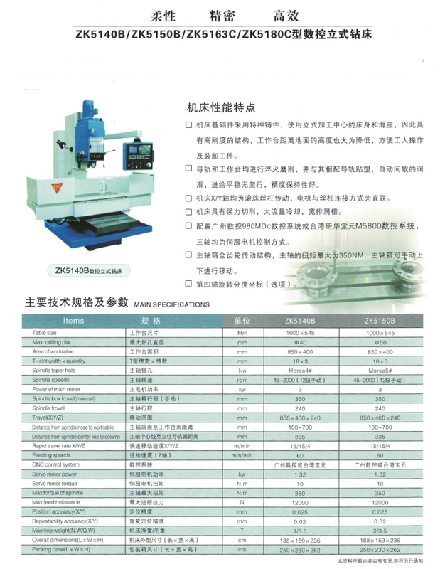  CNC FLEXIBLE PRECISION EFFICIENT ZK5140B SERIES QUALITY DRILL MACHINE 