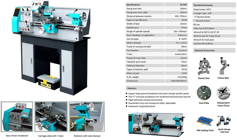 BL250C LATHE MACHINE FOR METAL( LOW VOLTAGE PROTECTION)