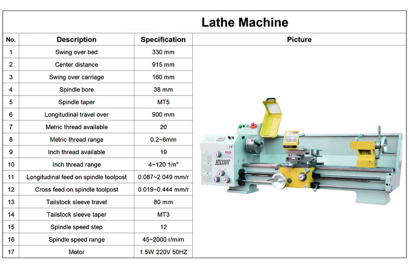 HX330V (330X750MM) VARIO 1500W Motor with 160mm Chuck 750*330mm DIY Metal Lathe Machine