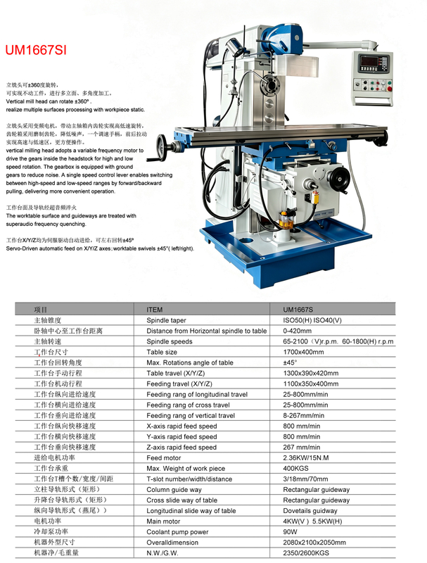 UNIVERSAL MILLING MACHINE UM1667SI WORKTABLE 1700X400