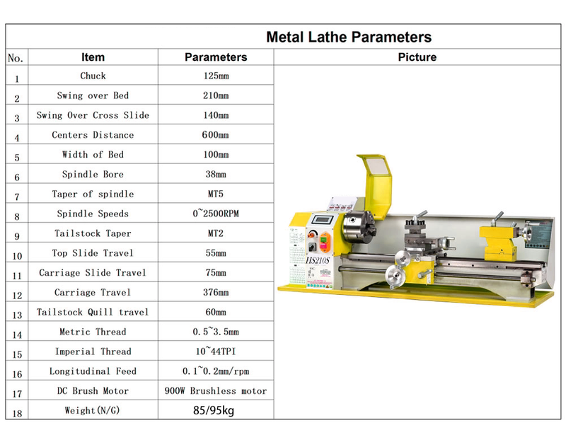 HS210X600S 900W Rated Output Power Brushless Motor 6mm Thickness Spindle Mini Metal Lathe Machine