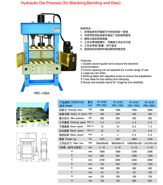 HPD 100A HYDRAULIC DIE PRESSES ( FOR BLANDING ,BENDING ,AND DIES)