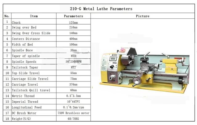  KC210G 8X16 Lathe with reverse threading gearbox,High Quality 750W Brushless Motor with Postive & Reverse Auto Feed Function Mini Metal Lathe Machine